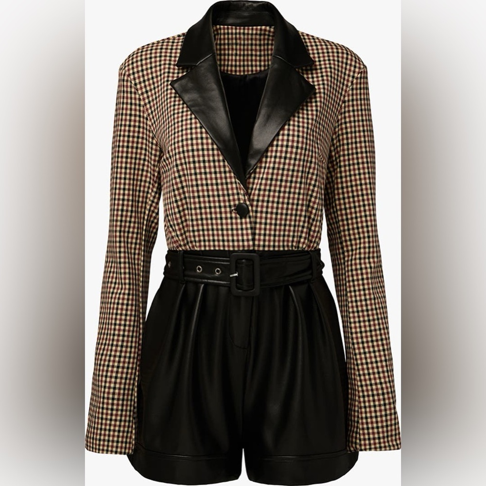WeWoreWhat Classy Plaid and Black Blazer Romper Faux Leather Size 6 NWT